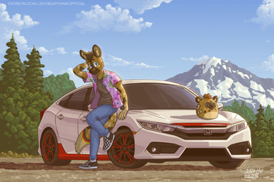 5_fingers aloha_shirt anthro black_body black_clothing black_footwear black_fur black_shirt black_topwear blue_bottomwear blue_clothing blue_eyes blue_pants blue_sky bottomwear brown_body brown_eyebrows brown_fur brown_hair checkered checkered_clothing checkered_footwear cheek_tuft clothed clothing deciduous_tree detailed_background dipstick_tail evergreen_tree eyebrows facial_markings facial_tuft fingers footwear fur german_flag gloves_(marking) grass gravel hair hand_behind_head hand_on_head head_markings inner_ear_fluff leaning_on_car logo looking_at_viewer male markings mountain muzzle_(marking) neck_tuft open_clothing open_shirt open_topwear pants pattern_clothing pattern_footwear pattern_shirt pattern_topwear pine_tree plant red_body red_fur shadow shirt short_hair sky solo spots spotted_body striped_markings striped_tail stripes tail tail_markings tan_body tan_fur topwear tree tuft white_clouds yellow_body yellow_fur jayheartwing honda_civic african_wild_dog canid canine mammal 2025 artist_logo hi_res shaded signature