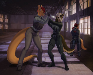 anthro belt black_boots black_clothing black_footwear black_gloves black_handwear black_latex blonde_hair blue_eyes bodysuit boots bound breasts brown_body brown_fur bulletproof_vest captured clothed clothed_anthro clothed_female clothing domino_mask eyemask eyewear female fight fluffy fluffy_tail footwear fur gloves grey_latex group hair handwear knife latex latex_bodysuit latex_clothing latex_skinsuit mask mercenary red_eyes red_hair shoes skinsuit tail tied_to_chair tight_clothing trio wearing_mask cinnameana andrea_rayne dora_schutzhund jordan_ray canid canine canis domestic_dog german_shepherd herding_dog kangaroo macropod mammal marsupial pastoral_dog 2026 hi_res story story_in_description
