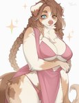 anthro bra braided_hair braided_ponytail breasts brown_hair cleavage clothed clothing female floppy_ears hair heterochromia long_hair neck_tuft open_dress panties ponytail simple_background solo sparkles tuft underwear redlemon canid canine canis domestic_dog mammal absurd_res hi_res