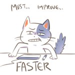 ambiguous_gender anthro clenched_teeth ellipsis eyebrows fluffy fluffy_tail open_mouth paws pupils simple_background slit_pupils solo standing tablet tablet_pen tail teeth text whiskers white_background white_body white_sclera flavia-elric domestic_cat felid feline felis mammal 2019 digital_media_(artwork) english_text hi_res