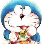 anthro bell blue_body blue_fur eating food front_view fur machine male open_mouth red_nose simple_background solo standing whiskers white_background white_body white_fur mt_tg doraemon doraemon_(character) domestic_cat felid feline felis mammal robot 2019 shaded