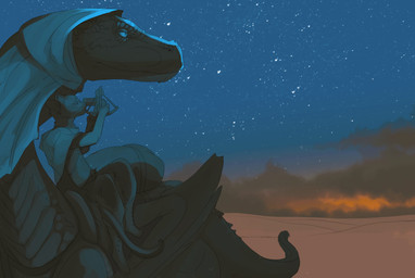 all_fours anthro bag blue_eyes blue_sclera boots clothed clothing cloud desert detailed_background dunes duo eyebrows feral folded_wings footwear fur horn larger_male looking_away looking_up lying male membrane_(anatomy) membranous_wings mount night on_ground outside pupils rider ridges sand scales sextant shoes sitting sitting_on_back size_difference sky slit_pupils smaller_male star tail wings chromamancer european_mythology mythology dragon felid feline felis mammal mythological_creature mythological_scalie sand_cat scalie western_dragon 2018 absurd_res hi_res story story_in_description