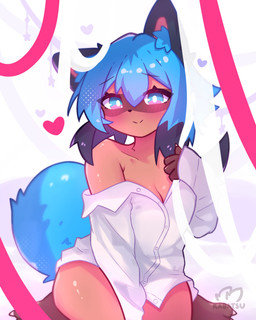 anthro blush breasts clothing facial_markings female head_markings heart_symbol inner_ear_fluff markings mask_(marking) shirt simple_background sitting smile solo tail topwear tuft white_clothing white_shirt white_topwear kabatsu brand_new_animal studio_trigger michiru_kagemori canid canine mammal raccoon_dog tanuki 2024 absurd_res hi_res