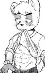 abs aggretsuko ahseo anai_(aggretsuko) anthro badger black_and_white bodily_fluids clothed clothing clothing_lift hi_res japanese_badger line_art male mammal meles monochrome muscular muscular_male mustelid musteline pecs sanrio shirt shirt_in_mouth shirt_lift solo sweat topwear