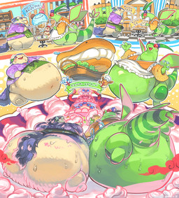 apron belly big_belly butt clothing food green_body group huge_belly inside overweight trio weight_gain utsuki_maito nintendo pokemon alcremie flygon generation_3_pokemon generation_8_pokemon hisuian_form hisuian_typhlosion pokemon_(species) regional_form_(pokemon) 2025 hi_res