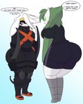 accessory armor big_breasts big_butt bottomwear breasts bubble_butt butt clothed clothing cosplay curvy_figure duo embarrassed female female/female headband hourglass_figure huge_butt shorts text thick_thighs dewwydarts my_hero_academia nintendo pokemon alex_(dewwydartz) eva_(dewwydartz) gardevoir generation_3_pokemon generation_8_pokemon lagomorph leporid mammal pokemon_(species) rabbit raboot english_text hi_res