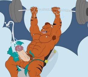 abs anthro armpit_hair balls barazoku barbell bench_press big_penis bodily_fluids body_hair cum cumshot ejaculation electricity electrostimulation erection exercise eyes_closed genital_fluids genitals glans hands-free humanoid_genitalia humanoid_penis leaking_cum looking_pleasured male mohawk muscular muscular_male nipples penis pubes solo spread_wings straining straining_underwear sweat sweaty_balls sweaty_genitalia weightlifting wings workout spiffygreen disney gargoyles claw_(gargoyles) felid feline gargoyle hybrid mammal pantherine tiger absurd_res hi_res