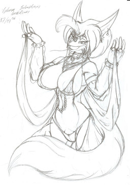anthro big_breasts breasts clothed clothing ear_piercing female harem harem_outfit piercing raised_arm skimpy solo tail wide_hips blackfox85 canid canine fox mammal 2006 graphite_(artwork) traditional_media_(artwork)