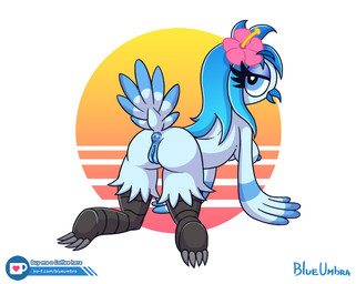 anthro anus beak biped blue_body blue_hair blue_nipples blue_skin breasts butt claws eyelashes feathers female flower genitals hair looking_at_viewer nipples non-mammal_breasts non-mammal_nipples plant rear_view simple_background solo sun synthwave vulva wings blueumbra avian bird signature watermark