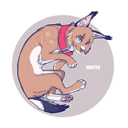 ambiguous_gender blue_eyes brown_body brown_fur cheek_tuft collar ear_tuft facial_tuft fangs feral fur glistening glistening_eyes heterochromia mouth_closed red_collar red_eyes side_view simple_background solo teeth text tuft whiskers white_body white_fur unknowhiter felid feline lynx mammal 1:1 2015 artist_name full-length_portrait portrait