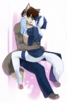 anthro biceps black_claws blue_hair brown_hair butt claws clothed clothing duo eyes_closed fur grey_body grey_fur hair hug kissing male male/male muscular pawpads paws romantic romantic_couple tail topless white_body white_fur kubikitsune hockeywolf koronis canid canine canis mammal wolf hi_res