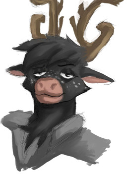 anthro antlers big_ears black_body black_fur black_hair ears_down eyebrows female fur hair horn looking_at_viewer pivoted_ears raised_eyebrow solo unknown_artist aima_tahtivyo_(lynxzy) deer mammal new_world_deer reindeer hi_res