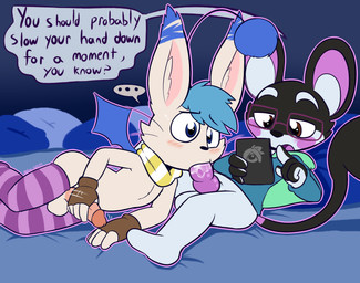 animal_genitalia animal_penis anthro anthro_on_anthro balls bed blue_eyes blue_hair blush bodily_fluids bottomless brown_eyes canine_genitalia canine_penis casual_sex cellphone circumcised clothed clothing dialogue disinterested_sex duo electronics ellipsis erection fellatio fingerless_gloves fur furniture genitals gloves hair half-closed_eyes handwear hoodie humanoid_genitalia humanoid_penis inner_ear_fluff legwear lying male male/male male_penetrated male_penetrating male_penetrating_male masturbating_while_penetrated masturbating_while_sucking masturbation membrane_(anatomy) membranous_wings narrowed_eyes on_back on_side oral oral_penetration orb penetration penile penile_masturbation penis phone pillow saliva saliva_on_penis scarf sex stockings sweat text topwear tuft wings felino final_fantasy nintendo pokemon square_enix arty_(felino) erakir fan_character emolga generation_5_pokemon ivalician_moogle mammal moogle pokemon_(species) rodent 2019 english_text hi_res