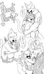 anthro blush clothed clothing dialogue eyes_closed eyewear glasses group heart_symbol hoodie hug interspecies male muscular muscular_male open_mouth simple_background smile text topwear white_background manmosu_marimo junior_horse manizu salary_cat_(marimo) senior_fox shota_feline_(marimo) white_canine_(marimo) canid canine canis domestic_cat domestic_dog equid equine felid feline felis fox horse mammal 2018 digital_drawing_(artwork) digital_media_(artwork) japanese_text monochrome translated