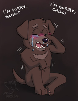 3_toes 4_fingers anthro blush bodily_fluids brown_body brown_fur chest_markings crying desolation dialogue eyes_closed feet fingers floppy_ears fur male markings open_mouth pawpads sad shaking solo tears teeth text toes trembling adriano_berjillos bluey_(series) fido_(bluey) bird_dog canid canine canis domestic_dog hunting_dog labrador mammal retriever english_text