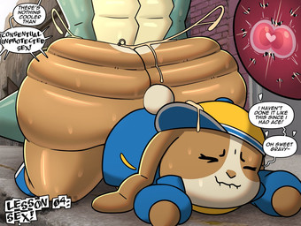 anthro big_butt bite biting_lip bodily_fluids bottomless bottomless_anthro brown_body brown_fur butt butt_jiggle butt_ripples clothed clothing cum cumshot dialogue doggystyle duo ejaculation eyes_closed female footwear from_behind_position fur genital_fluids green_body green_scales hat headgear headwear heart_symbol impregnation jacket jiggling male male/female ovum penetration scales scut_tail sex shoes short_tail speech_bubble sperm_cell sweat sweaty_butt tail text topwear vaginal vaginal_penetration bootydox how_to_be_cool dax_(piemations) peeb_(piemations) crocodile crocodilian lagomorph leporid mammal rabbit reptile scalie english_text