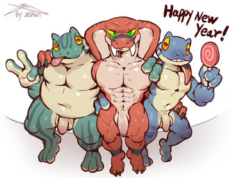 abs anthro balls biped candy dessert fangs feet fingers flaccid food forked_tongue genitals green_body green_sclera group half-erect lollipop looking_at_viewer male muscular muscular_male nude nude_anthro nude_male orange_sclera penis sitting slightly_chubby tan_body teeth text tongue trio ziran amphibian frog reptile scalie snake english_text hi_res shaded signature