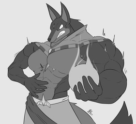 abs anthro big_muscles big_pecs fur growth huge_muscles huge_pecs long_tail male multicolored_body multicolored_fur muscle_growth muscular muscular_anthro muscular_arms muscular_male orb palmorph pecs simple_background solo tail unusualboo54 palworld pocketpair kris_(zombiedwolf) anubis_(pal) pal_(species) absurd_res hi_res monochrome