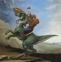 amanita amanitaceae biped boots bridle cape claws clothed clothing duo fangs feral fly_agaric footwear fungus holding_object landscape looking_at_viewer male mount mushroom open_mouth overalls realistic realistic_lighting realistic_shading reins riding saddle shoes straddling tail teeth yellow_cape yellow_clothing david_(artist) mario_bros napoleon_crossing_the_alps nintendo super_mario_world mario dinosaur green_yoshi human mammal prehistoric_species reptile saurischian scalie theropod yoshi inspired_by_formal_art