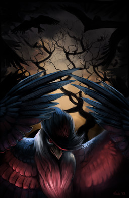 ambiguous_gender beak black_body black_feathers feathered_wings feathers feral group plant red_eyes solo_focus tree wings wood rhyu nintendo pokemon avian bird generation_2_pokemon generation_4_pokemon honchkrow murkrow pokemon_(species) 2012 hi_res