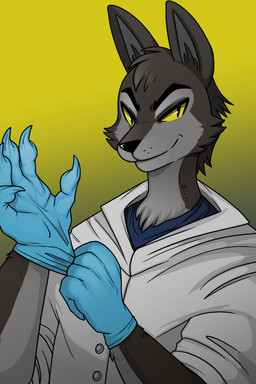 anthro big_ears black_body black_fur blue_clothing blue_gloves blue_handwear blue_topwear cheek_tuft claws clothing coat doctor eyebrows facial_tuft fur glove_snap gloves gradient_background grey_body grey_fur handwear head_tuft inner_ear_fluff lab_coat male medical_gloves multicolored_body multicolored_fur neck_tuft simple_background smile snout solo topwear tuft two_tone_body two_tone_fur white_clothing white_topwear yellow_eyes hachimakiyaki janusz canid canine canis hybrid mammal wolf wolfdog 2025 2:3 digital_drawing_(artwork) digital_media_(artwork) hi_res