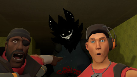 anthro black_body black_fur female fur group looking_at_viewer male shocked smile surprised trio joker0 cryptiacurves_(modeler) gorillaz team_fortress_2 the_backrooms two_soyjaks_pointing valve valve_corporation demoman_(team_fortress_2) karelia_(ace_rattman) scout_(team_fortress_2) backrooms_creature human mammal smiler_(the_backrooms) 16:9 3d_(artwork) digital_media_(artwork) hi_res widescreen