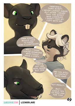 anthro biped black_body black_fur brown_eyes buckteeth dialogue duo fur green_eyes grey_body grey_fur hair hair_over_eye male multicolored_body multicolored_fur smile speech_bubble teeth text whiskers white_hair lizardlars aidan_(lizardlars) corey mammal murid murine procyonid raccoon rat rodent 2025 absurd_res comic digital_media_(artwork) english_text hi_res