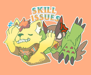 angry anthro beak brown_body brown_feathers claws duo feathers fur humor male text wings yellow_body yellow_fur 765nanami bandai_namco digimon naoya_hair_flip digimon_(species) falcomon liollmon english_text hi_res