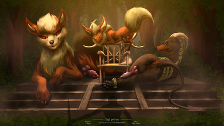 anatomically_correct anatomically_correct_genitalia anatomically_correct_penis animal_genitalia animal_penis anus balls bodily_fluids bone brown_body brown_fur butt canine_genitalia canine_penis chair cheek_tuft claws digitigrade erection facial_tuft feral forest fur furniture genital_fluids genitals grass grin group horn knot knotted_penis looking_at_viewer looking_back lying male mane multicolored_body multicolored_fur naughty_face on_front on_side orange_body orange_fur outside pawpads penis plant precum presenting purple_eyes raised_tail red_eyes rock shadow shrub smile spade_tail tail text tree tuft wood yellow_body yellow_fur dark_violet nintendo patreon pokemon someone's_pc arcanine canid canine eeveelution flareon generation_1_pokemon generation_2_pokemon houndoom mammal pokemon_(species) 16:9 2019 digital_media_(artwork) english_text hi_res shaded url widescreen