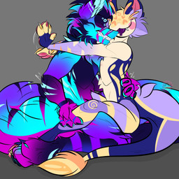 duo femboy grinding grinding_on_leg happy intersex intersex/male leg_grab male male/male maleherm motion_lines muscular on_lap screech sitting_on_lap struggling teasing waist_grab cepheidbaby frost_(cepheidbaby) silly_(cepheidbaby) smiling_dragon absurd_res hi_res