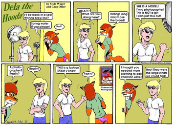 anthro blonde_hair breasts clothed clothed_female clothed_male clothing dialogue dipstick_ears duo ear_markings ears_back eyewear female fur gloves_(marking) hair inside male markings multicolored_ears offscreen_character orange_body orange_fur orange_hair panties pivoted_ears shirt sunglasses tail text topwear underwear style_wager dela_the_hooda dela_aldershaw jake_mcross canid canine fox hooda human mammal 1998 comic english_text