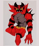 anthro fur genitals hair male muscular muscular_anthro nipples nude penis simple_background solo teeth unfunny_kitty nintendo pokemon generation_7_pokemon incineroar mammal pokemon_(species) digital_media_(artwork) hi_res