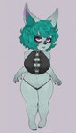 animal_ears animal_nose big_breasts black_clothing black_thong black_topwear black_underwear breasts clothing eyelashes female front_view fur green_body green_fur green_hair hair inner_ear_fluff looking_at_viewer navel pupils purple_background purple_eyes short_hair short_stack simple_background slit_pupils solo thick_thighs thong topwear tuft underwear wide_hips plinkgrn league_of_legends riot_games tencent vex_(lol) humanoid yordle hi_res