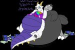 ambiguous_gender anthro beak beverage black_body black_fur bloated bubble burp_bubble burping dialogue drink_bottle eyewear fur glasses horn inflation motion_lines obese obese_ambiguous obese_anthro overweight overweight_ambiguous overweight_anthro plastic_bottle purple_text rumbling_stomach scarf simple_background soda swelling teasing text transparent_background bloatable final_fantasy mentos mythology pepsi square_enix dustin_dreen gysahl_(bloatable) avian chocobo dragon mythological_creature mythological_scalie scalie alpha_channel hi_res