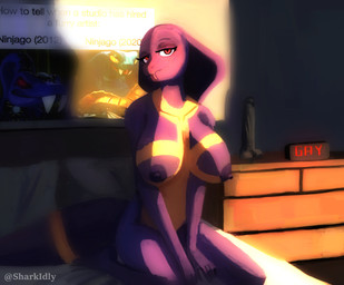 alarm_clock anthro areola bed bedding bedroom big_breasts biped breasts clock dildo drawer female fingers front_view furniture humanoid_hands inside light looking_at_viewer nipples non-mammal_breasts non-mammal_nipples nude nude_anthro nude_female pillow pose purple_body purple_scales red_eyes scales sex_toy sitting solo sunlight text yellow_body yellow_scales sharkidly lego ninjago pythor_(ninjago) reptile scalie snake 2025 absurd_res artist_name colored hi_res meme pinup