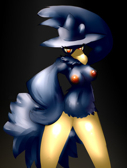 anthro breasts female nipples nude pokemorph red_eyes solo wings elpatrixf nintendo pokemon generation_2_pokemon murkrow pokemon_(species) 2013 hi_res