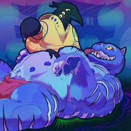 anthro beak belly belly_nipples belly_rub clothing duo fur hand_on_belly multi_eye red_sclera tail_on_shoulder tongue tongue_out underwear yellow_eyes avalath_tiger derpy_(kpop_demon_hunters) sussie_(kpop_demon_hunters) avian bird demon felid mammal pantherine tiger 1:1 absurd_res hi_res