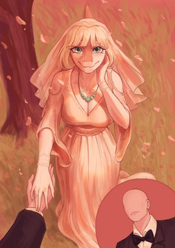 anthro bald big_breasts biped black_clothing black_suit blonde_hair bone_frill breasts clothed clothed_anthro clothed_female clothing cutaway digit_ring dress duo female fingers first_person_view frill_(anatomy) green_eyes hair hand_holding happy high-angle_view human_on_anthro human_pov humanoid_hands husband husband_and_wife interspecies jewelry long_hair male male/female male_pov married_couple multicolored_body multicolored_scales necklace non-mammal_breasts orange_body orange_scales outside petals plant ring romantic romantic_couple scales smile standing suit tree two_tone_body two_tone_scales wedding_dress wedding_ring white_body white_clothing white_dress white_scales wife neumbra cavemanon_studios goodbye_volcano_high ko_op_(game_developer) snoot_game anon_(snoot_game) naomi_(gvh) dinosaur hadrosaurid human mammal ornithischian ornithopod parasaurolophus prehistoric_species reptile scalie 2025 absurd_res colored hi_res signature