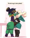 big_butt butt clothing duo female female/female footwear green_body hair humanoid_pointy_ears kissing legwear not_furry pointy_ears potion shoes short_stack simple_background smile text thigh_highs white_hair borvar jackie_(durgentamar) goblin humanoid 2023 digital_media_(artwork) english_text hi_res