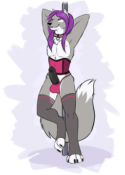 anthro biped black_penis bulge clothed clothing collar corset crossdressing dancing erection femboy genitals hair hands_behind_head humanoid_genitalia humanoid_penis legwear lingerie looking_at_viewer male panties penis pole pole_dancing pose purple_hair red_eyes solo standing stockings stripper_pole thigh_highs topwear underwear korrok chris_(teckly) canid canine canis mammal wolf