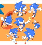 anthro black_eyes blue_body blue_fur bubble clothing fist footwear fur gloves grin handwear male multiple_poses orange_background pose running shoes simple_background smile solo tongue tongue_out white_bars mennnntaiko classic_sonic_(universe) sega sonic_the_hedgehog_(series) classic_sonic sonic_the_hedgehog arthropod butterfly eulipotyphlan hedgehog insect lepidopteran mammal 2020 hi_res