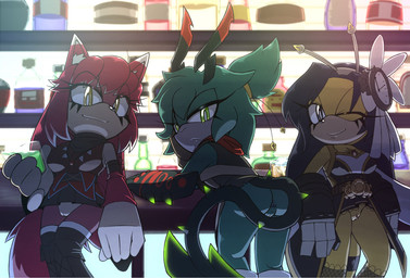 alcohol alcohol_bottle anthro antlers anus bar beverage beverage_bottle bottle bottomwear clitoris clothed clothing container exhibitionism female fur furniture genitals green_eyes group holding_glass holding_object horn looking_at_viewer microskirt miniskirt no_underwear one_eye_closed skirt table trio vulva wink winking_at_viewer yellow_body yellow_fur icydirtball sega sonic_the_hedgehog_(series) fan_character arthropod bee canid canine chimera fox hymenopteran insect mammal hi_res