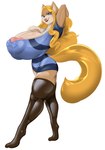 anthro big_breasts blonde_hair blue_clothing blue_eyes breasts brown_body clothing female hair huge_breasts legwear nipple_outline open_mouth pattern_clothing simple_background solo standing stockings striped_clothing stripes white_background blanic cheese_quesadilla felid mammal 2024 absurd_res digital_media_(artwork) hi_res