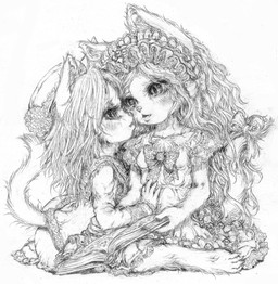 accessory anthro blush book bow_(feature) bow_accessory bow_ribbon chest_tuft clothed clothing duo eye_contact fangs female fur furgonomics hair hand_on_belly holding_book holding_object long_hair looking_at_another pupils ribbons romantic romantic_couple simple_background sitting slit_pupils tail tail_accessory tail_bow tail_ribbon teeth tuft wavy_hair white_background katzeh felid mammal greyscale monochrome