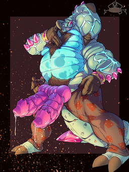 anthro belly big_muscles big_pecs bioluminescence bodily_fluids crystal cum genital_fluids genitals glowing knot male multi_genitalia multi_limb multi_penis muscular muscular_anthro muscular_male nude pecs penis piercing precum scales stocky velvetymane_(artist) arthropod beetle_humanoid hybrid insect 3:4 hi_res