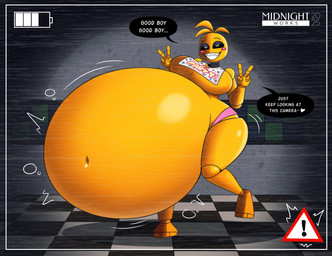 anthro bear_trap_teeth belly big_belly big_breasts black_eyebrows black_sclera bloated blonde_hair breasts camera_view clothing dialogue eyebrows female gesture hair hand_gesture heart_symbol huge_belly huge_breasts hyper hyper_belly inside machine motion_lines navel panties pink_cheeks pink_clothing pink_panties pink_underwear sharp_teeth smile solo speech_bubble teeth text thick_thighs underwear v_sign white_bib white_eyes yellow_body midnight-works five_nights_at_freddy's five_nights_at_freddy's_2 scottgames toy_chica_(fnaf) animatronic avian bird chicken galliform phasianid robot robot_anthro 2025 absurd_res artist_name colored digital_media_(artwork) english_text hi_res shaded