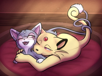 bed bite blush duo eyewear female female/female feral fur furniture glasses lying neck_bite on_bed open_mouth smile tail tail_wrapping tongue rymherdier nintendo pokemon pokemon_mystery_dungeon spike_chunsoft wanderlust fan_character jacklyn_(wanderlust) ryn_purrawri felid feline generation_1_pokemon generation_4_pokemon glameow mammal persian_(pokemon) pokemon_(species) digital_media_(artwork) hi_res
