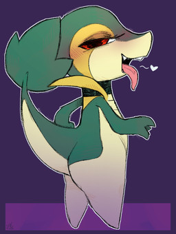 ambiguous_gender anthro biped blush choker cute_fangs fangs green_body green_tail heart_symbol jewelry multicolored_body necklace purple_background red_eyes side_view simple_background solo tail teeth tongue tongue_out white_body yellow_body tofuuu nintendo pokemon generation_5_pokemon pokemon_(species) snivy