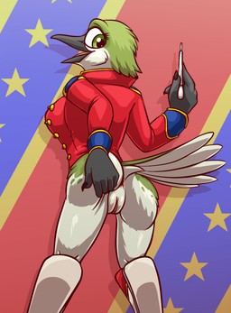 5_fingers anthro anus baton beak big_breasts big_butt black_beak black_claws blue_clothing blue_jacket blue_topwear boots bottomless breasts butt claws clothed clothing feathers female finger_claws fingers footwear genitals green_body green_feathers green_spots grey_body grey_boots grey_clothing grey_feathers grey_footwear hand_on_butt holding_object jacket knee_boots knee_highs legwear looking_back looking_down marching_band_uniform markings pink_anus pink_vulva presenting presenting_hindquarters rear_view red_boots red_clothing red_footwear red_jacket red_topwear shoes smile solo spots spotted_body spotted_feathers spread_butt spreading tail tail_feathers thick_thighs topwear vulva bassybefuddle conditional_dnp sarah_(fish_birb) apodiform avian bird hummingbird 2021 hi_res