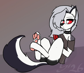 anthro bottomwear choker clothing collar electronics female jewelry necklace paws phone shorts sitting solo spiked_collar spikes sombird hellaverse helluva_boss mythology loona_(helluva_boss) canid canid_demon canine demon hellhound mammal mythological_canine mythological_creature hi_res